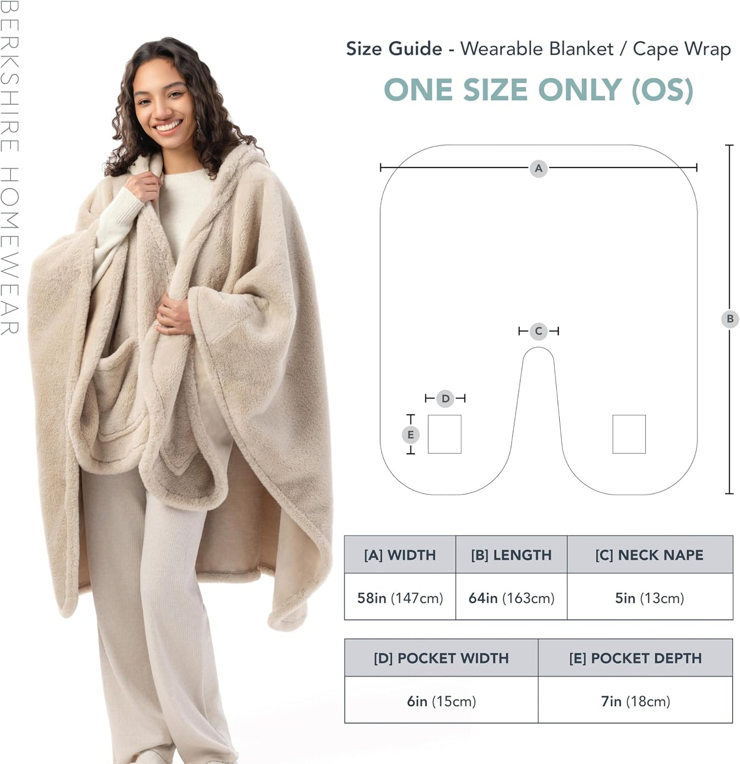 Berkshire Faux Fur Wearable Blanket, Cozy Reversible Loftmink Fleece Shawl with Hood & Side Pockets