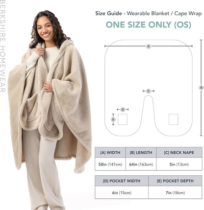 Berkshire Faux Fur Wearable Blanket, Cozy Reversible Loftmink Fleece Shawl with Hood & Side Pockets