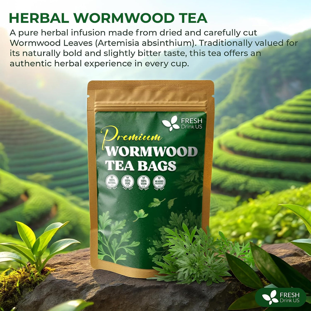 FreshDrinkUS, Premium Wormwood Tea Bag, 40 Count, Pure, Caffeine Free