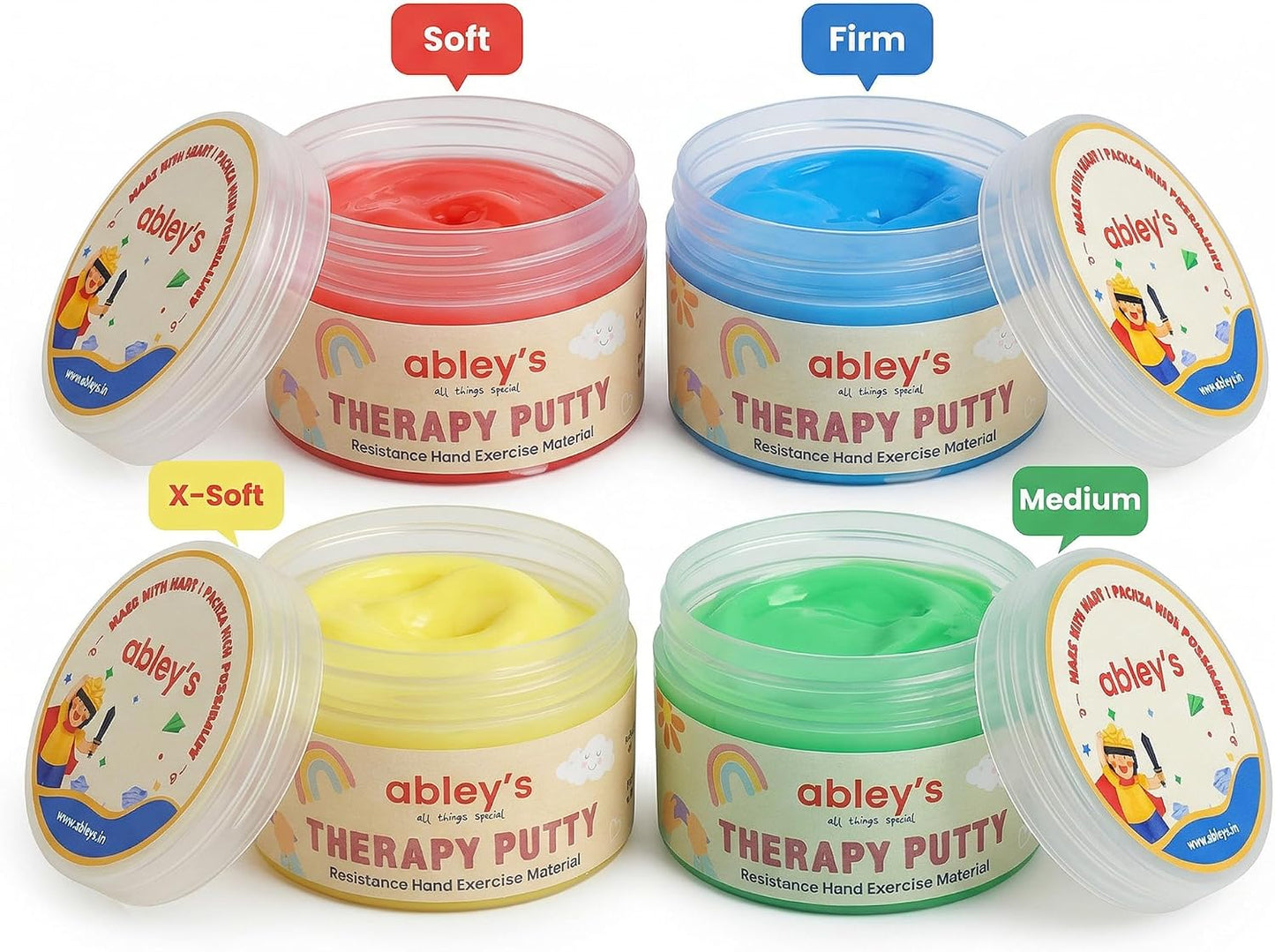 Abley’s Therapy Putty for Kids Play & Projects | Hand Exercise & Occupational Therapy Tool | Stress Relief & Fine Motor Skill Development | 4 Resistance Levels, 50g Each, Set of 4