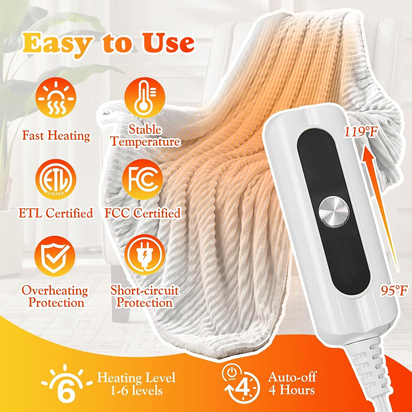 Heated Throw Blanket - Fast Heating 3D Jacquard Electric Heated Blanket, Cozy Heating Blanket with 6 Heating Settings & 4 Hours Auto-Off, Machine Washable, 50"x60", London Grey