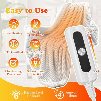 Heated Throw Blanket - Fast Heating 3D Jacquard Electric Heated Blanket, Cozy Heating Blanket with 6 Heating Settings & 4 Hours Auto-Off, Machine Washable, 50"x60", London Grey
