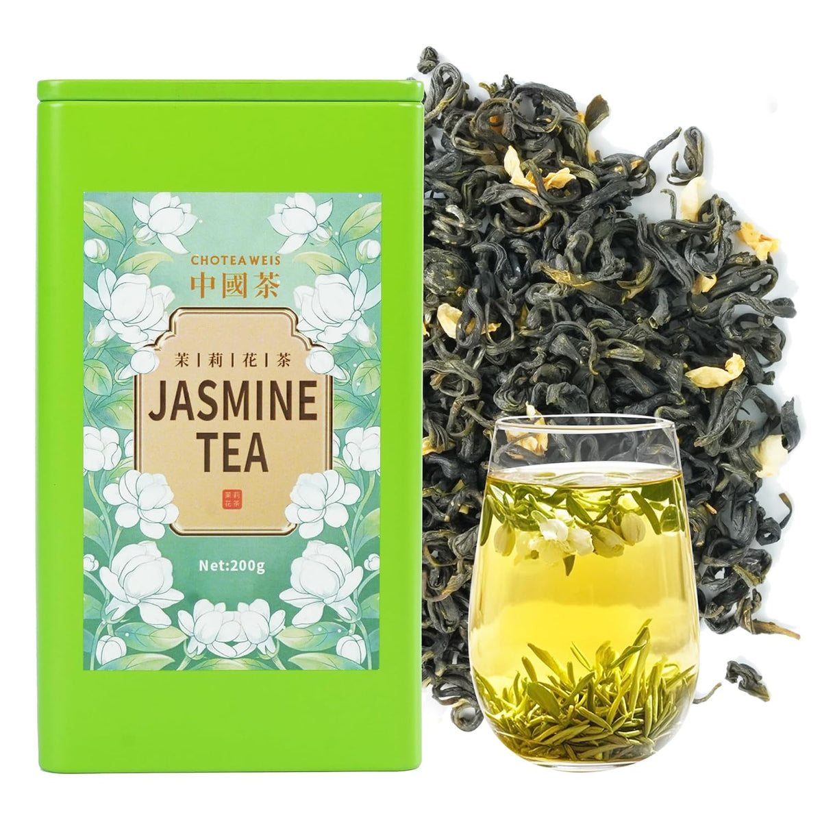 Choteaweis Chinese Jasmine Green Tea Loose Leaf Pure Leaves in Iron Can Green Tea | 100% Natural with No Artificial Additives | 7.05 Ounce (200g)