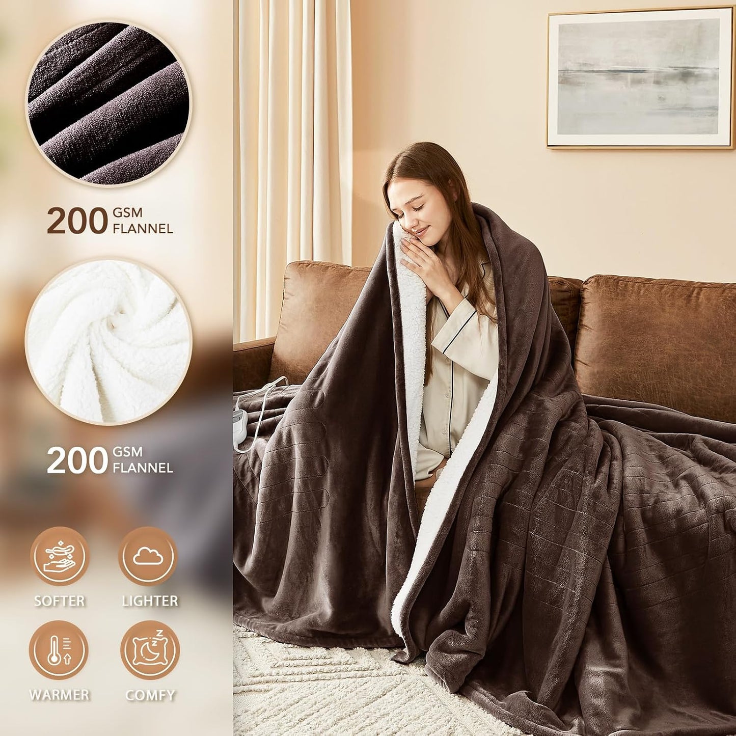 Homemate Electric Heated Blanket Twin - 62"x84" Heating Bed Blankets Throw with 10 Heating Levels 8 Hours Auto Off Fast Heating Over-Heated Protection Ultra Soft Warm Flannel ETL Certified Grey - Colors B