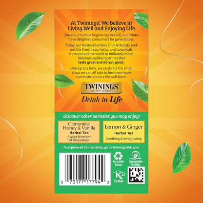 Twinings Mango & Pineapple Herbal Tea Individually Wrapped Bags, 20 Count (Pack of 1), Naturally Caffeine-Free, Enjoy Hot or Iced, 20 Teabags