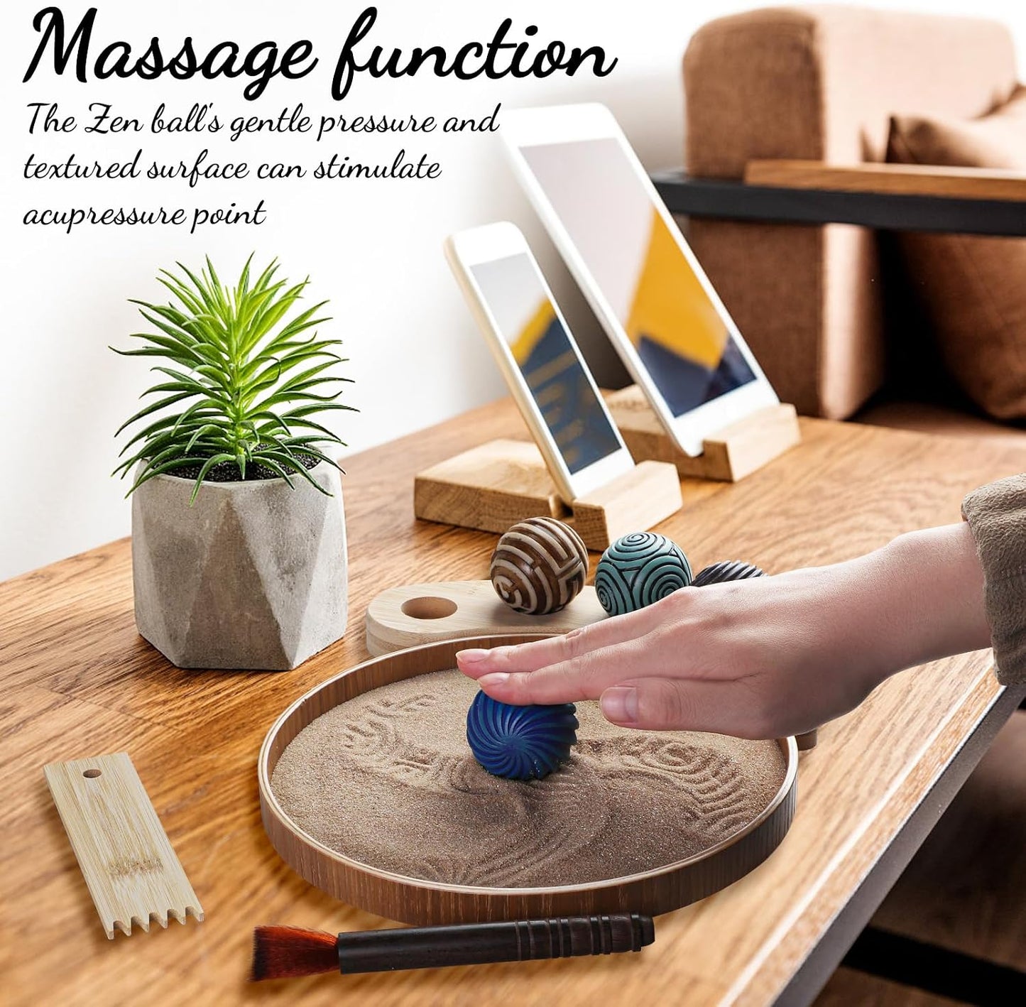 Mini Zen Garden for Desk - 9.5''x9.5'' Automatic Desk Sand Tray Therapy Kit with 4 Stamp Spheres