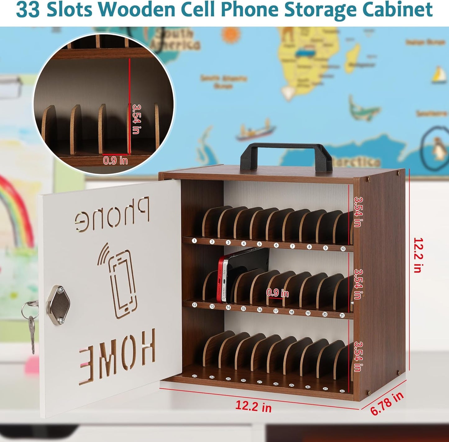 Wooden Phone Lock Box, Cell Phone Locker with 33 Adjustable Dividers | Phone Storage Cabinet with Security Lock & Handle, Desktop Phone Organizer for Classroom, Office & Repair Shops