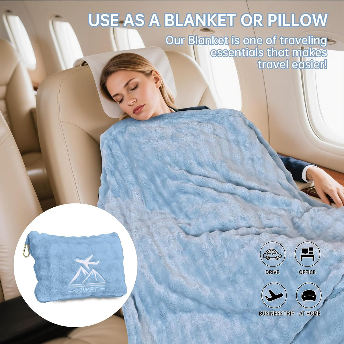 Travel Blanket and Pillow-2-in-1, Ultra-Soft&Compact, Airplane Blanket with Hand Luggage Belt and Backpack Clip,Travelers Accessories Gifts, 61x43 Inches(Pink