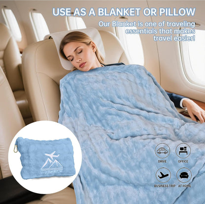 Travel Blanket and Pillow-2-in-1, Ultra-Soft&Compact, Airplane Blanket with Hand Luggage Belt and Backpack Clip,Travelers Accessories Gifts, 61x43 Inches(Pink
