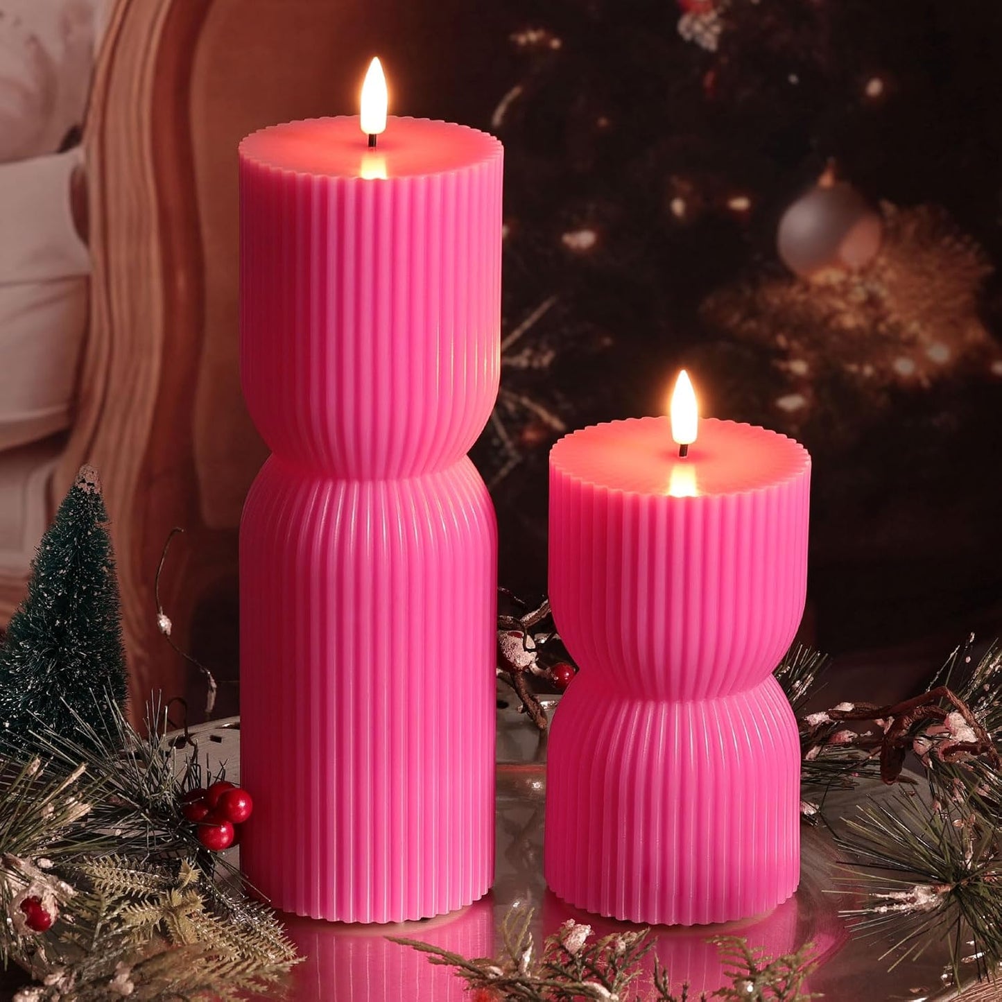 White Ribbed Flameless Pillar Candles with Remote, Real Wax Flickering Battery LED Candles Set of 2