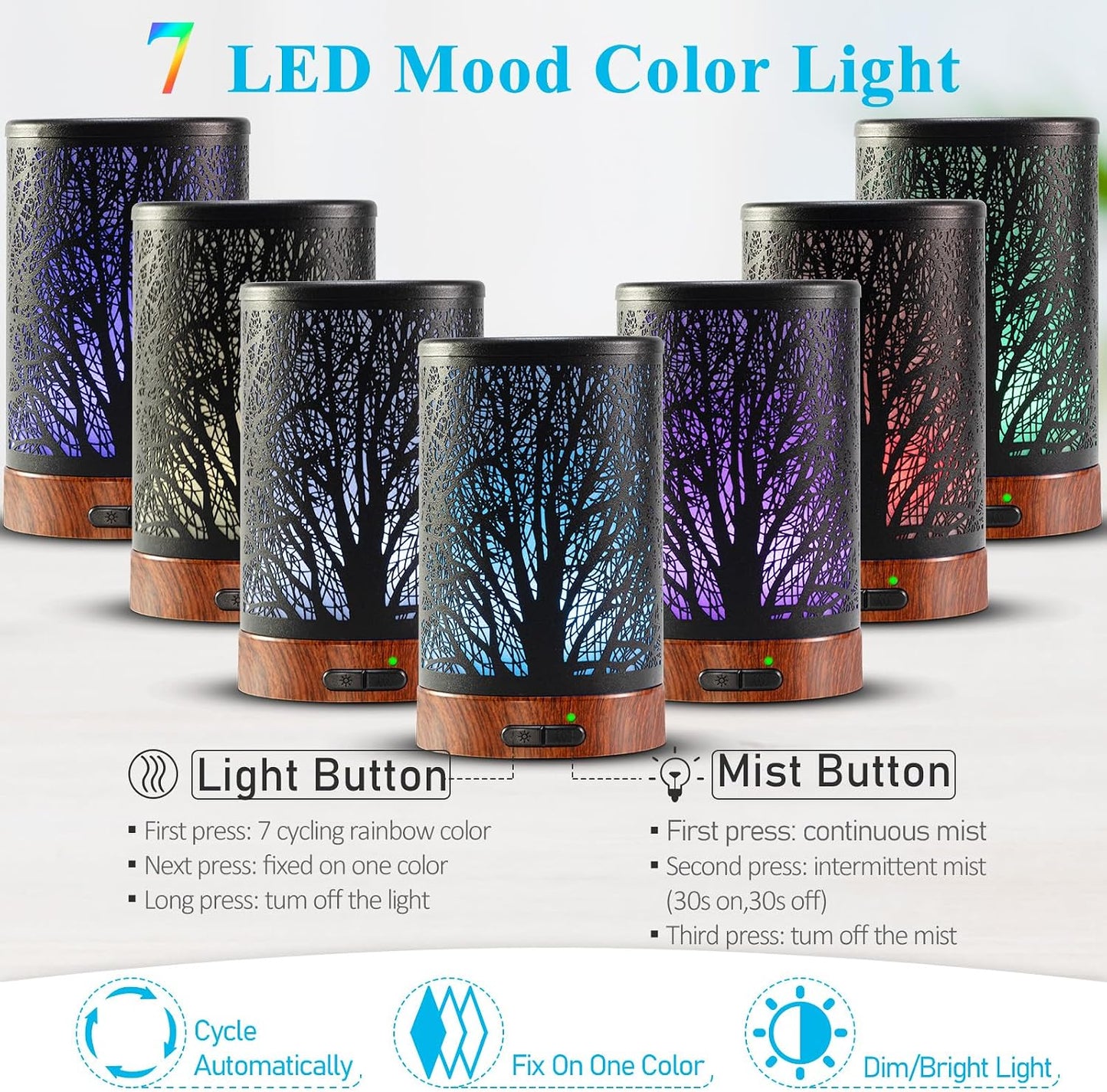 Essential Oil Diffuser - 150ML Metal Aromatherapy Diffuser for Essential Oils with 7 Colors Lights Gifts for Mom Auto Shut-Off & Ultrasonic Cool Mist Diffuser, Ambience for Home