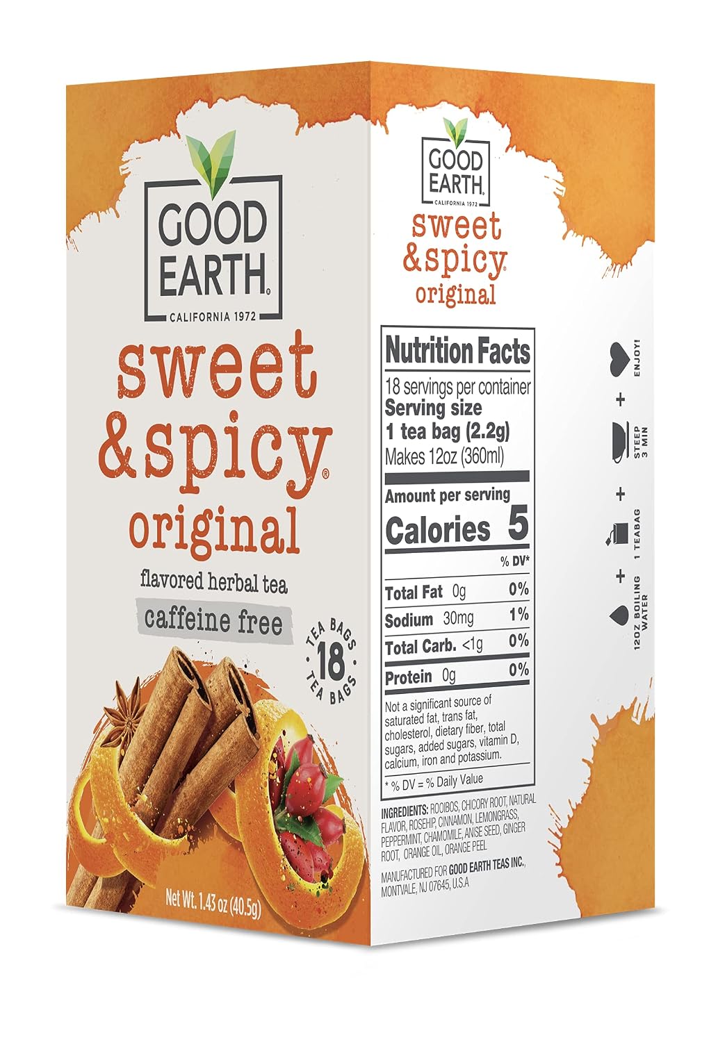 Good Earth Herbal Tea, Sweet & Spicy, Caffeine Free, Packaging May Vary, 18 Count, Pack of 6