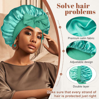 Satin Bonnet for Sleeping Cap Double Layer Hair Bonnet with Elastic Tie Band for Curly Hair Night Cap (Bean Paste + Pink)