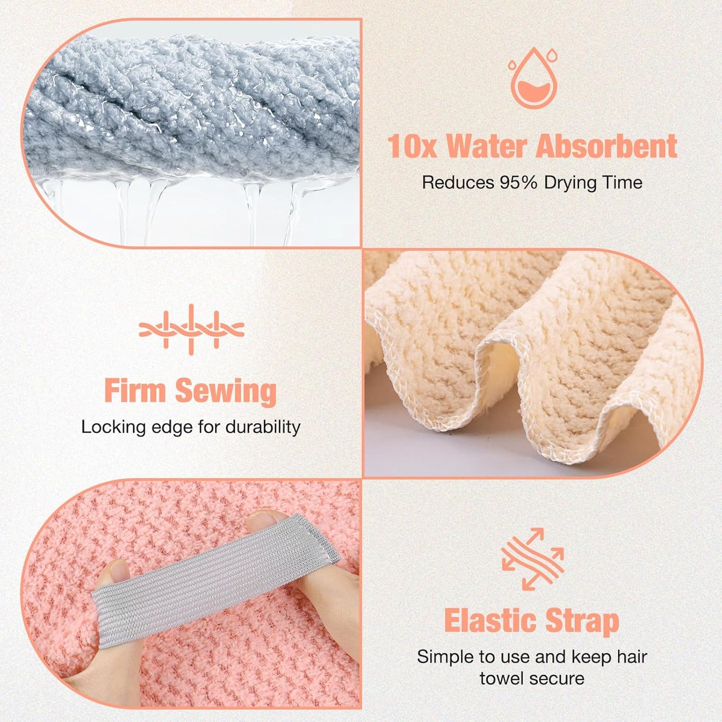 3 Pack Microfiber Hair Drying Towels for Women, Super Absorbent Microfiber Hair Towel for Curly Hair, Hair Drying Towel Wrap for Hair Care with Elastic Strap