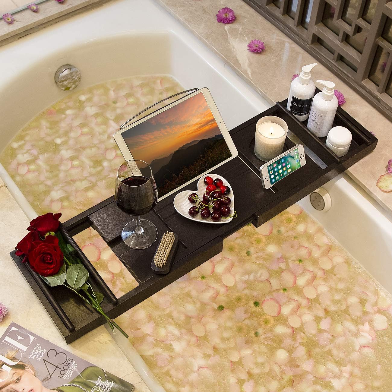 Bath Caddy Tray for Bathtub - Bamboo Adjustable Organizer Tray for Bathroom with Free Soap Dish Suitable for Luxury Spa or Reading