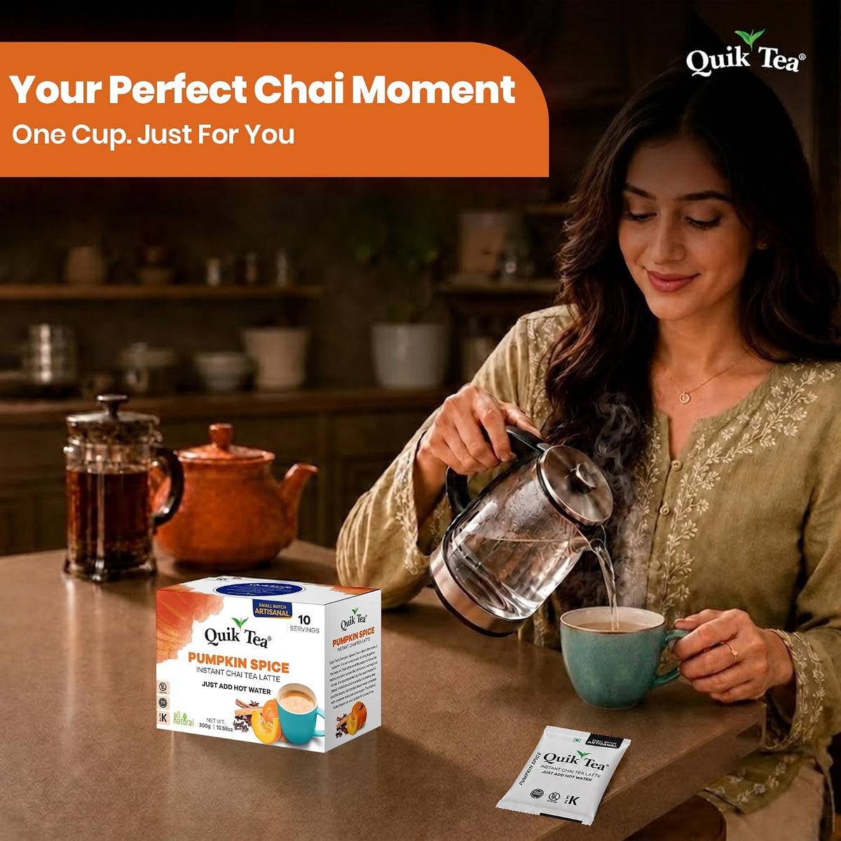 QuikTea Instant Chai Tea Latte Mix, Masala, Unsweetened, 20 Sachets