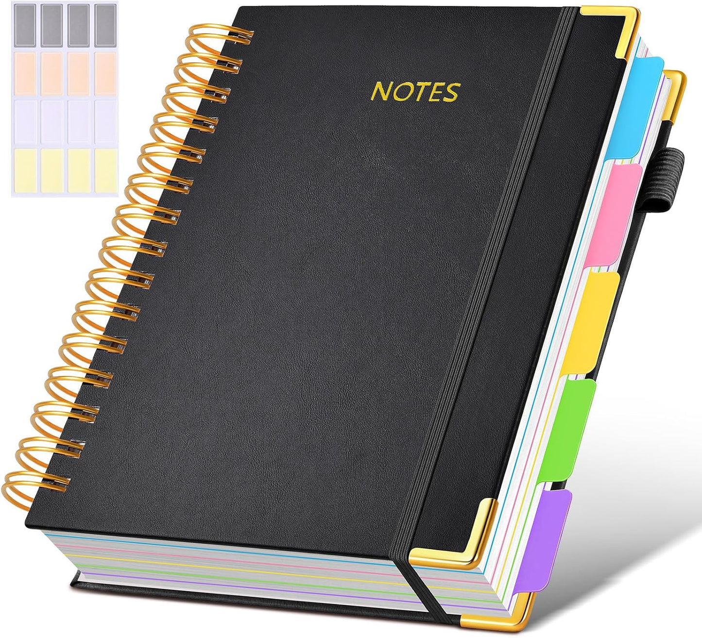 Hardcover Spiral Notebook journal with Removable Dividers Tabs, 300 Pages Leather 5 Subject Notebook College Ruled, 8"x10" Large B5 Notebooks for Work School Note taking, Lined Journal for Women,Black