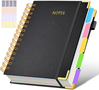 Hardcover Spiral Notebook journal with Removable Dividers Tabs, 300 Pages Leather 5 Subject Notebook College Ruled, 8"x10" Large B5 Notebooks for Work School Note taking, Lined Journal for Women,Black