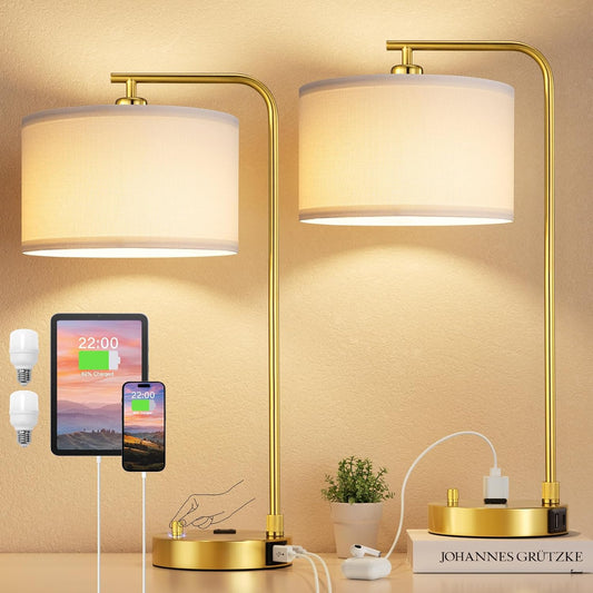 Innqoo Bedside Table Lamps for Bedroom Set of 2-Dimmable Nightstand Lamps with USB Port and Outlet,Modern Gold Lamps with Linen Shade,Tall Desk Lamps for Home Office Bedroom Living Room End Table