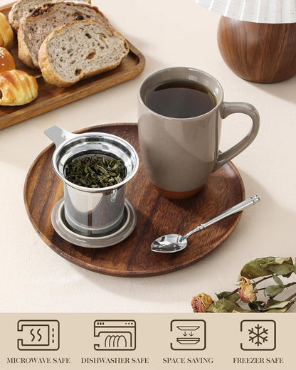 MALACASA Ceramic Tea Mug with Lid and Stainless Steel Infuser, 18 oz Large Tea Cup for Loose Leaf Tea, Heat-Resistant, Microwave & Dishwasher Safe, Speckled Glaze Coffee & Tea Brewer Mug, Khaki White