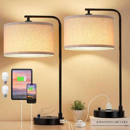 Innqoo Bedside Table Lamps for Bedroom Set of 2-Dimmable Nightstand Lamps with USB Port and Outlet,Modern Gold Lamps with Linen Shade,Tall Desk Lamps for Home Office Bedroom Living Room End Table