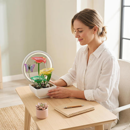 Tabletop Fountain,Indoor Water Fountain,Home Fengshui Décor Zen Relaxation Soothing Sound Machine for Office,Living Room,or Bedroom,Green Lotus,Hummingbird & Pink Flower,9.1inch