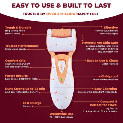 Electric Callus Remover: Rechargeable Electronic Foot File CR900 by Own Harmony (Powerful Motor) Best Pedicure Tools w 3 Rollers Professional Pedi Feet Care Sander for Cracked Heels and Hard Skin