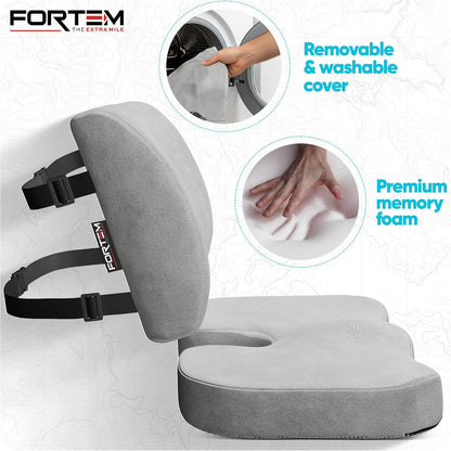 FORTEM Seat Cushion, Office Chair Cushion, Lumbar Support Pillow for Office Chair, Memory Foam Car Seat Cushions, Sciatica Coccyx Tailbone Pain Relief, Cushions for Back Support, Washable, Non Slip