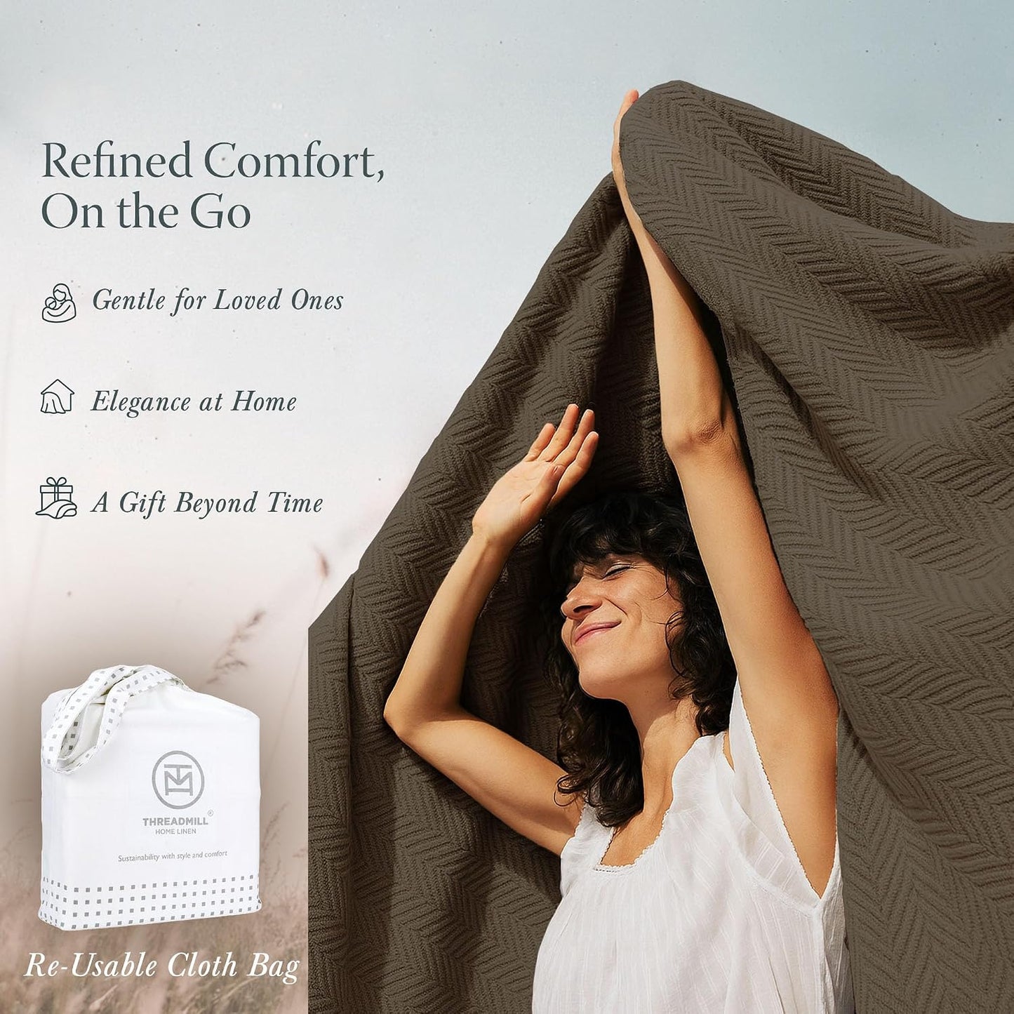 Threadmill Travel Blanket Cotton Viscose from Bamboo - Airplane Premium Soft Flight Grey Throw Blanket in Cloth Bag (Grey Color) Compact & Portable Blanket for Travel, Car, Picnic & Camping
