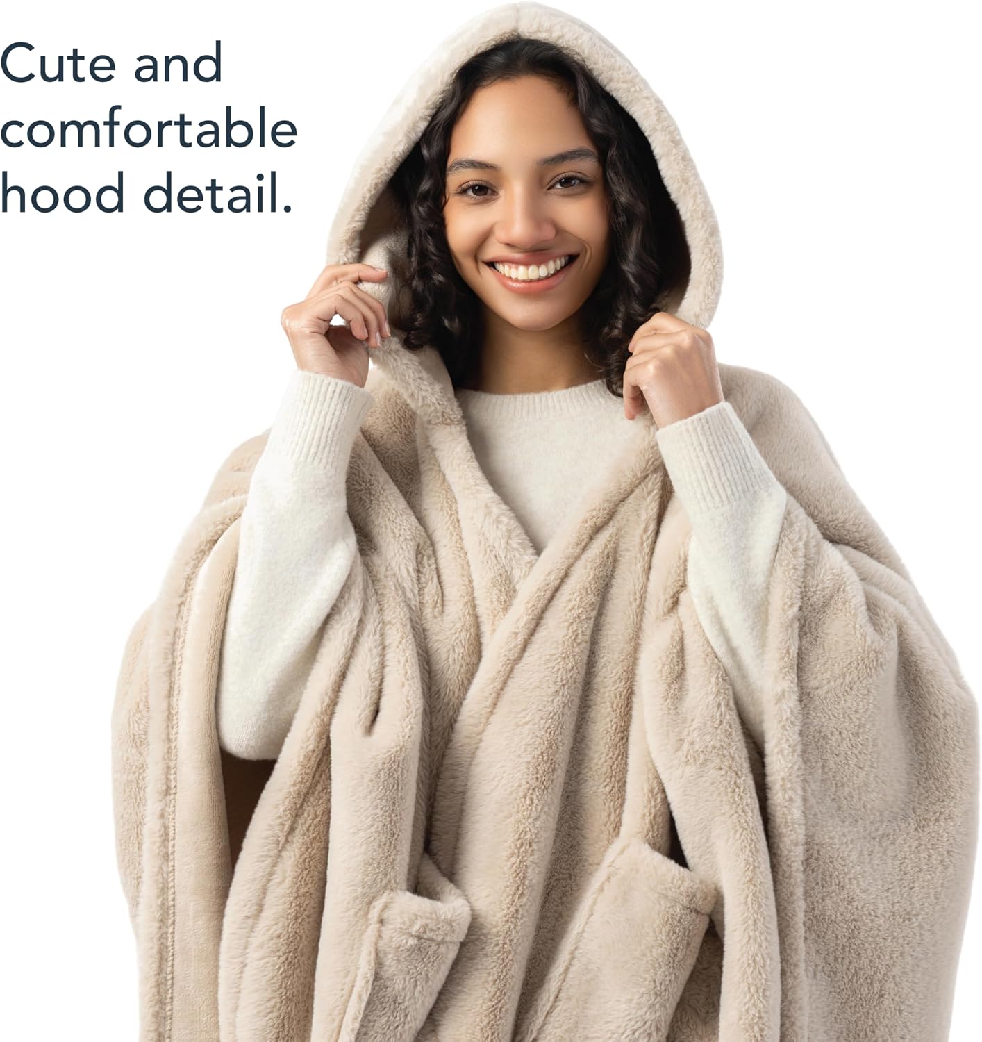 Berkshire Faux Fur Wearable Blanket, Cozy Reversible Loftmink Fleece Shawl with Hood & Side Pockets