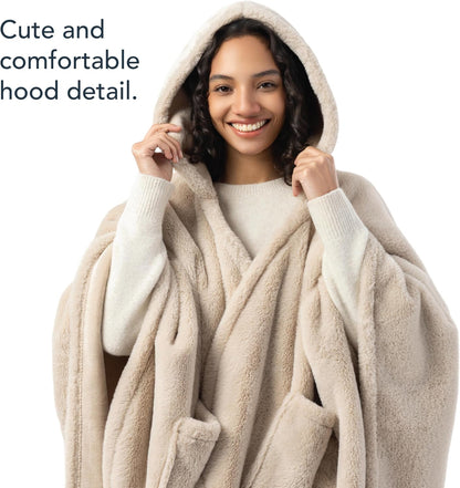 Berkshire Faux Fur Wearable Blanket, Cozy Reversible Loftmink Fleece Shawl with Hood & Side Pockets