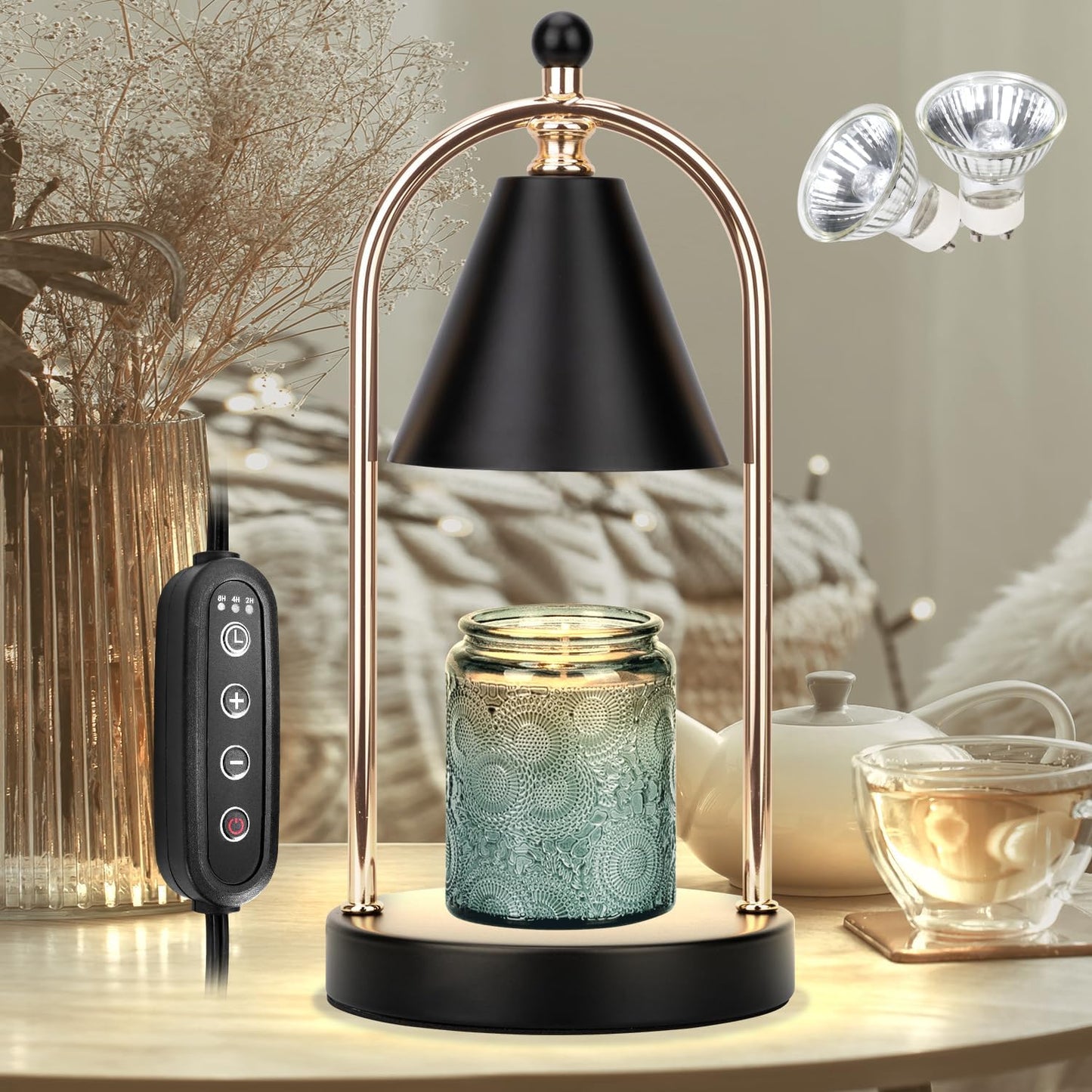 Candle Warmer Lamp with Timer, Electric Black Candle Warming Light for Bedroom, Dimmable Wax Melts Warmer for Home Decor Beside Lamp Gifts for Women (2 Bulbs Included)