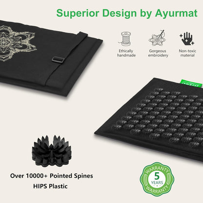 Acupressure Mat and Pillow Set - Full Body Pro Kit for Stress Relief, Muscle Relaxation & Pain Relief - Natural Eco-Friendly Linen & Coconut Fiber Mat - Includes Carrying Bag (Black)