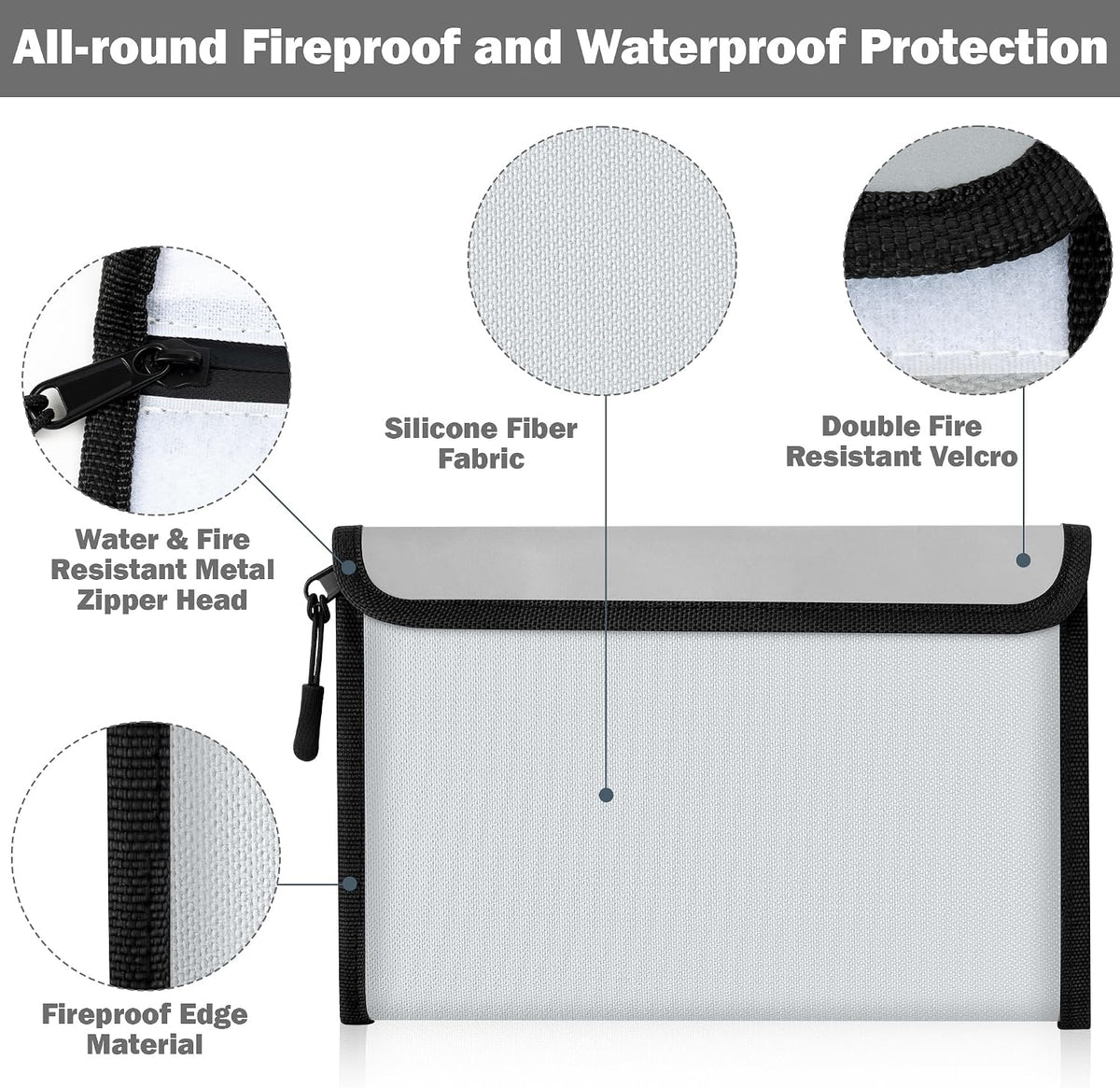 Fireproof Waterproof Document Bag - 5200°F Water Resistant Fire Proof Money Bag, 3 Layers of Heat Insulated Storage with Zipper, 7.9"x5" Portable Files Safe Pouch for Cash Passport (Black)