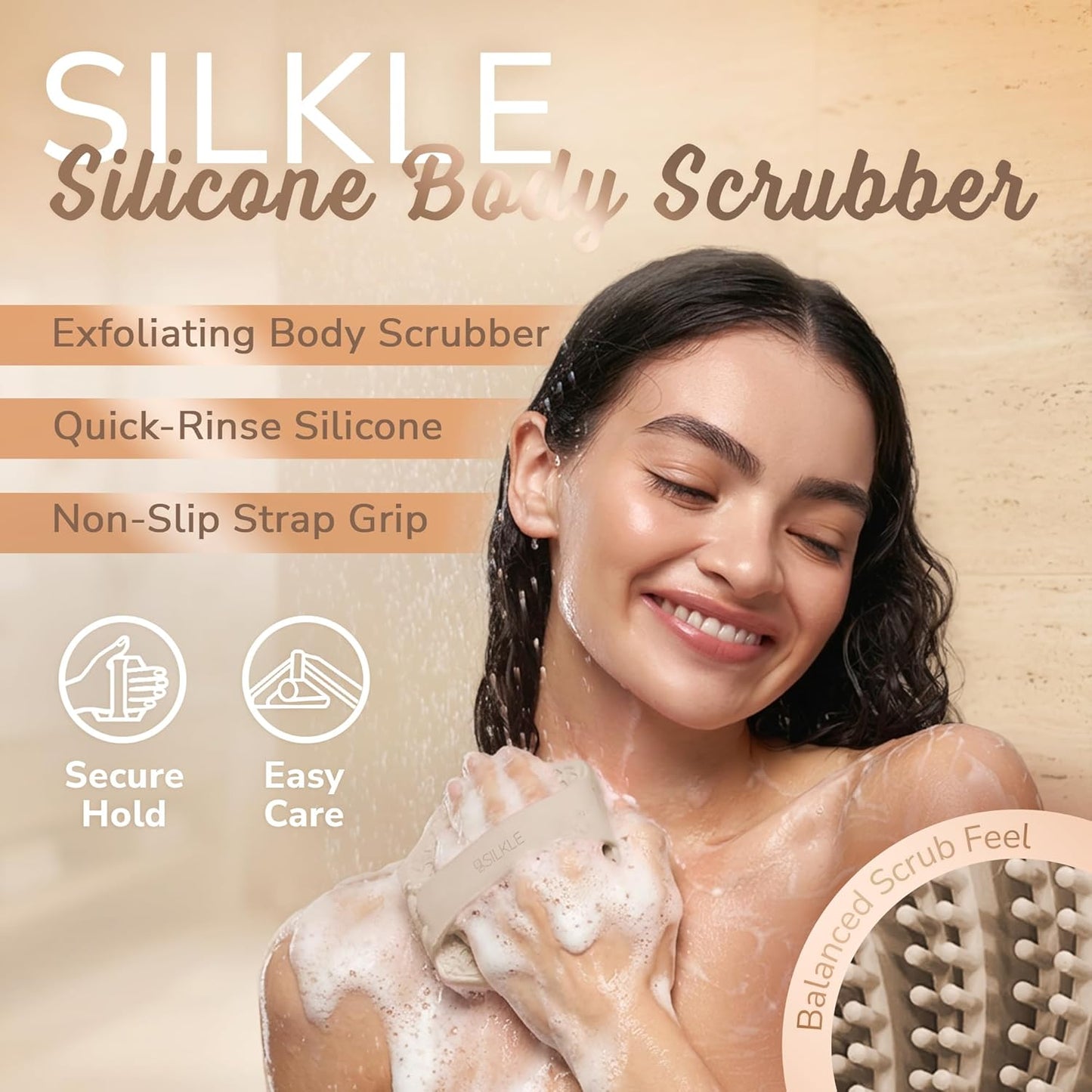 SILKLE Silicone Body Scrubber – Gentle Exfoliating Shower Scrubber for Body & Bath, Silicone Shower Brush & Loofah Alternative – Non-Slip Silicone Body Brush, Quick Dry, Hygienic - Pink