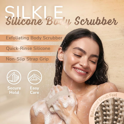 SILKLE Silicone Body Scrubber – Gentle Exfoliating Shower Scrubber for Body & Bath, Silicone Shower Brush & Loofah Alternative – Non-Slip Silicone Body Brush, Quick Dry, Hygienic - Pink