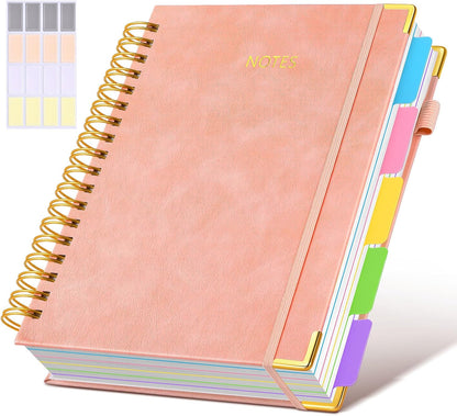 Hardcover Spiral Notebook journal with Removable Dividers Tabs, 300 Pages Leather 5 Subject Notebook College Ruled, 8"x10" Large B5 Notebooks for Work School Note taking, Lined Journal for Women,Black