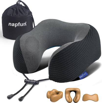 napfun Neck Pillow for Traveling, Upgraded Travel Neck Pillow for Airplane 100% Pure Memory Foam Travel Pillow for Flight Headrest Sleep, Portable Plane Accessories, Light Grey