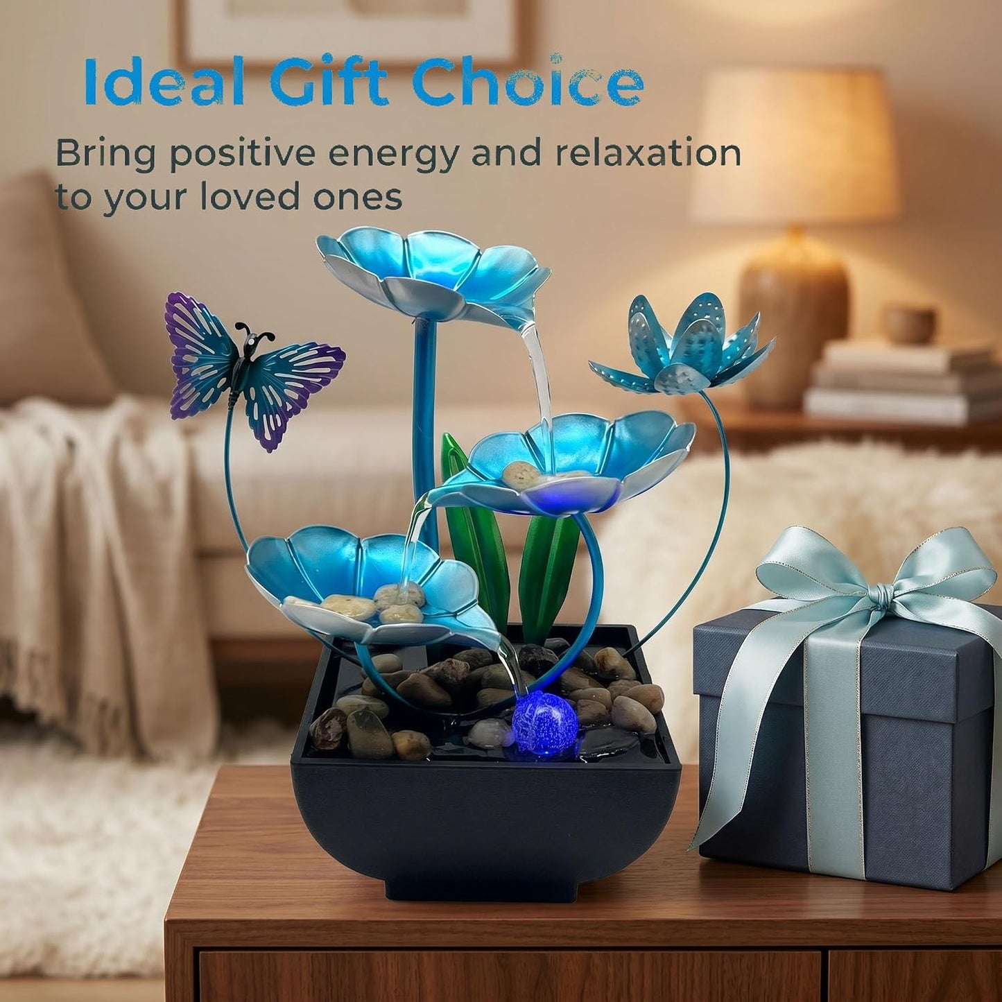 Tabletop Fountain,Indoor Water Fountain,Home Fengshui Décor Zen Relaxation Soothing Sound Machine for Office,Living Room,or Bedroom,Green Lotus,Hummingbird & Pink Flower,9.1inch