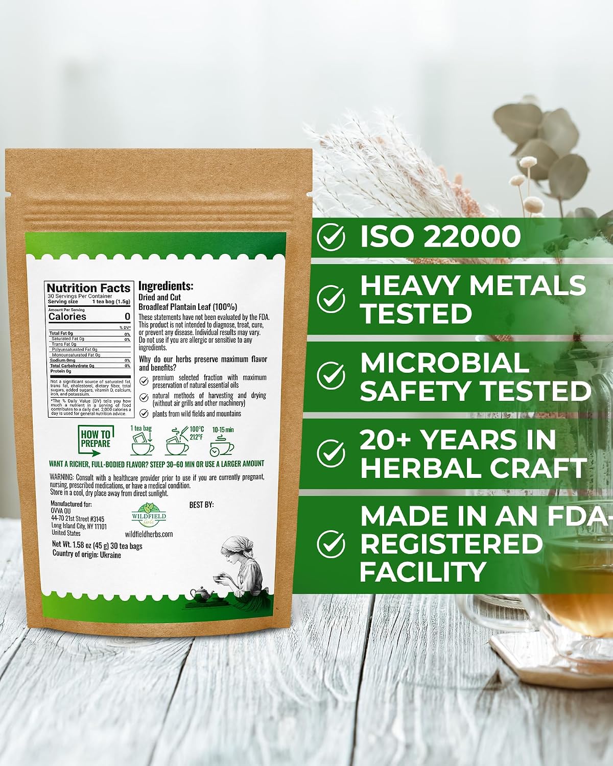 30 Bags Plantain Leaf Herb Tea Dried Plaintains Leaves (Plantago Major) - 30 Count 2g Tea Bags Greater Broadleaf Plantain Leaf Llanten