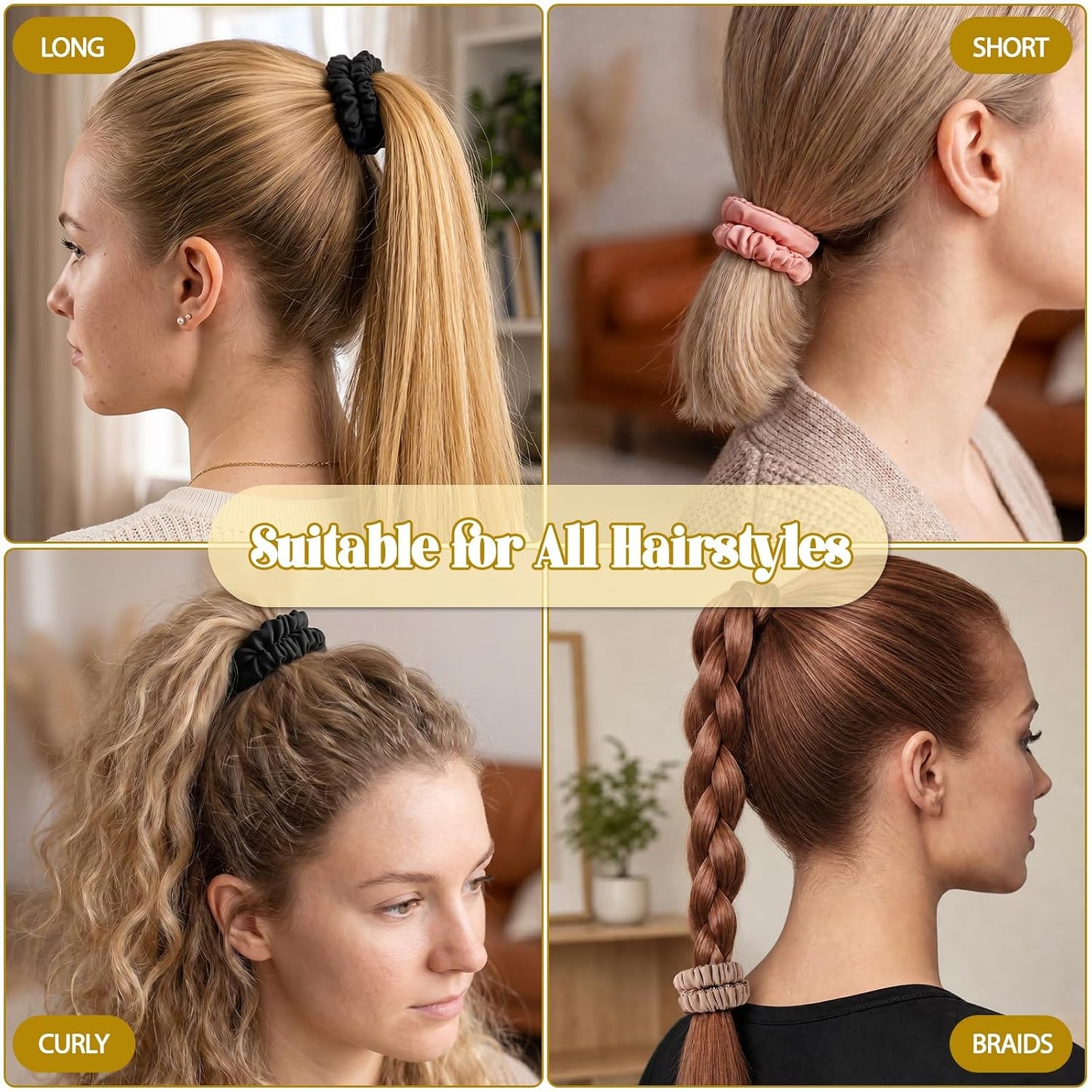 6Pcs Silk Hair Ties 100% Pure Mulberry Silk Scrunchies for Women Girls | No Hair Crease, Anti Frizz, Gentle Hold, No Damage, Black Brown Pink