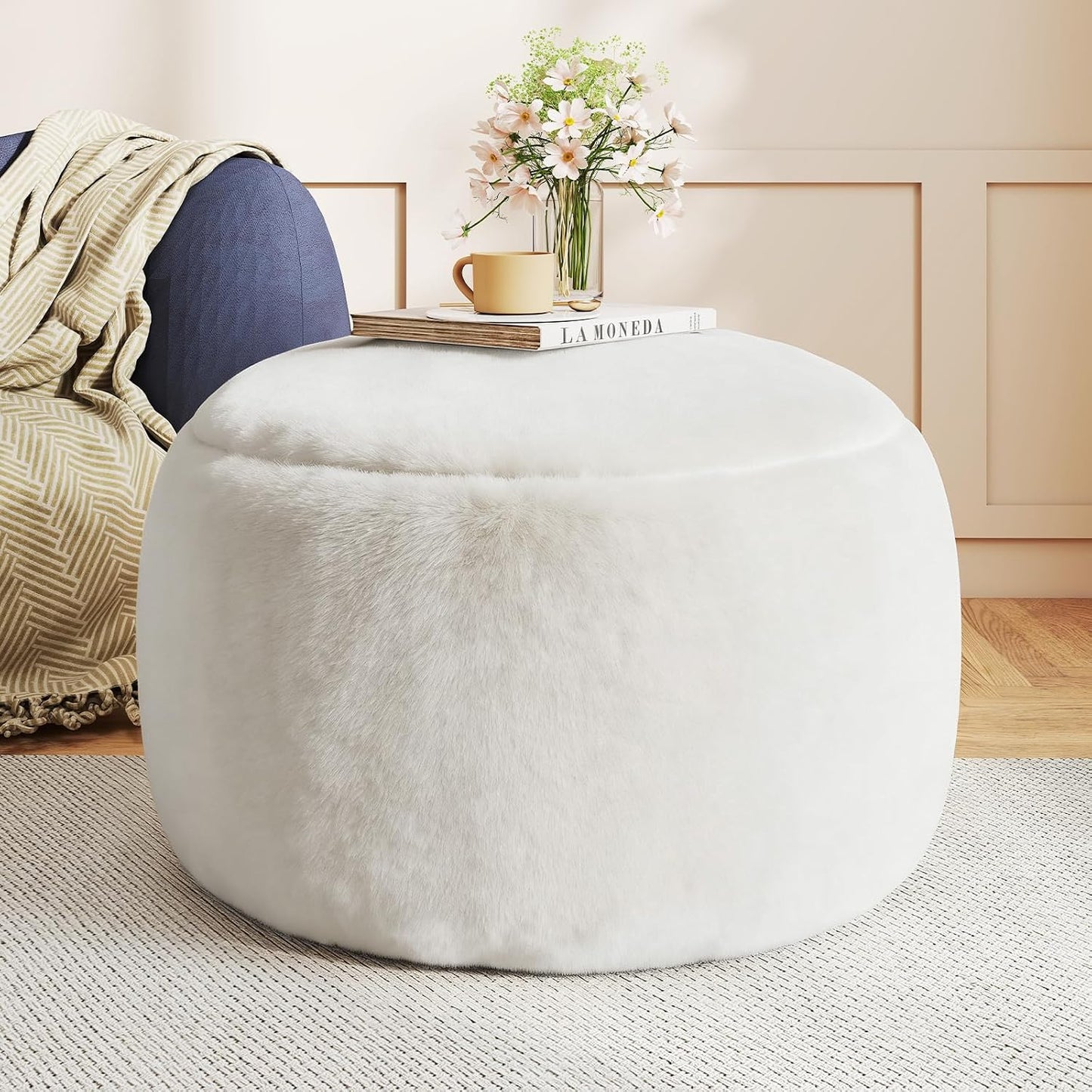 Round Stuffed Pouf Ottoman Foot Rest, Faux Fur Poufs with Memory Foam Filling, Ottomans for Living Room, Nursery, Dorm, Soft Foot Stool Ottoman for Couch, Perfect for Resting Your Feet (Grey, 20 Inch)