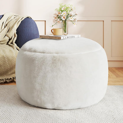 Round Stuffed Pouf Ottoman Foot Rest, Faux Fur Poufs with Memory Foam Filling, Ottomans for Living Room, Nursery, Dorm, Soft Foot Stool Ottoman for Couch, Perfect for Resting Your Feet (Grey, 20 Inch)