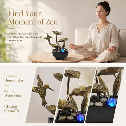 AOZITA Tabletop Fountain, Indoor Waterfall Fountain, Small Home Décor Zen Relaxation Soothing Sound Machine for Office, Living Room, or Bedroom,Blue Metal Lotus with Bud, River Rocks,Round LED