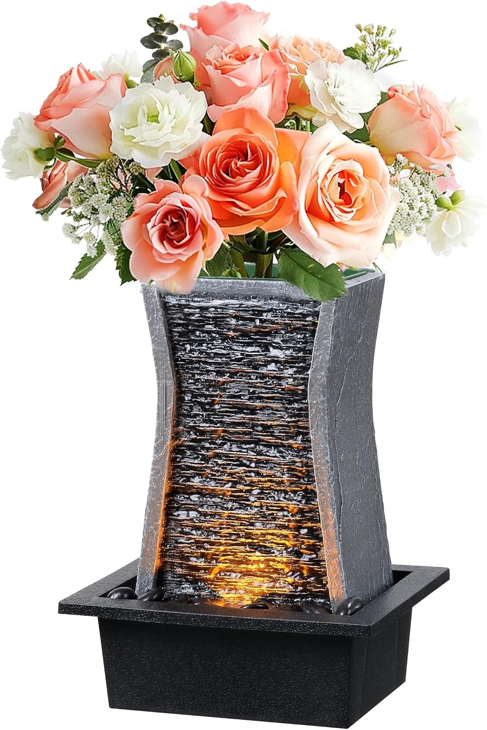 GOSSI 3-Tier Stone Wall Tabletop Water Fountain with Natural River Rocks, LED Lights, Zen Meditation Waterfall for Office and Home Decor, Relaxing Desktop Fountain, Christmas Decoration