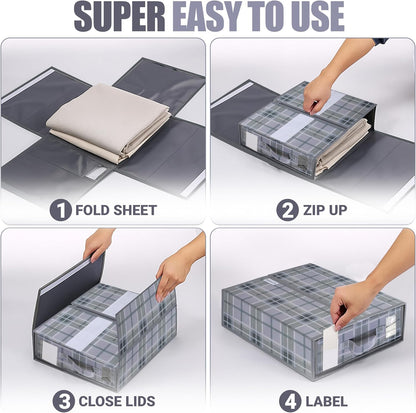 4 Pack Bed Sheet Organizer and Storage with Zipper – Linen Closet Organizers for Full, King, Queen & Twin Sheet Sets, Bedding Storage for Blankets and Duvet Covers, Black