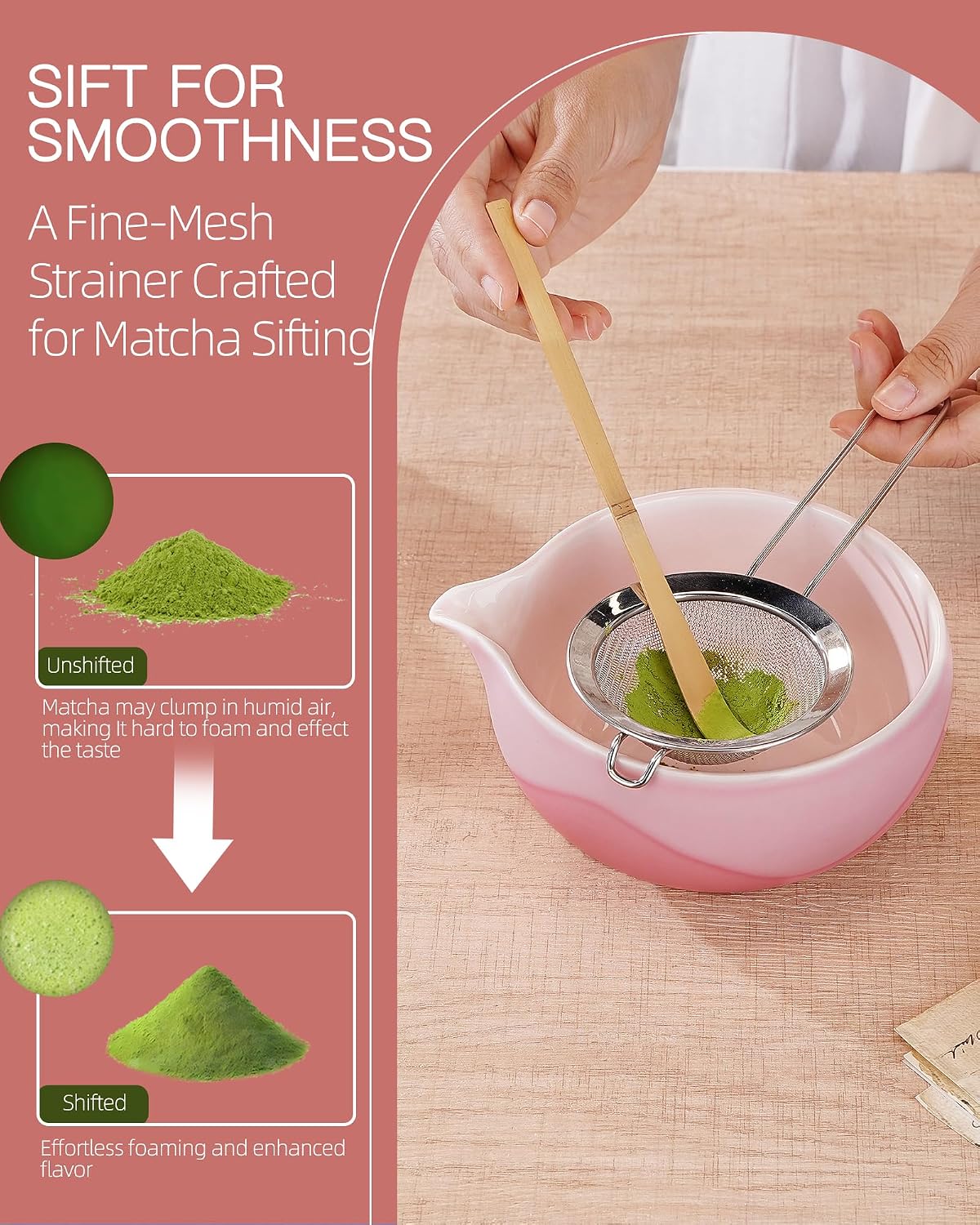 ZENS Matcha Whisk Set, Matcha Kit Set, Matcha Bowl with Spout, Bamboo Whisk & Scoop, Chasen Holder, 304 Sifter & Tea Mat, 6pcs Japaness Matcha Kit for Matcha Lovers, Birthday Gift, Pale Green