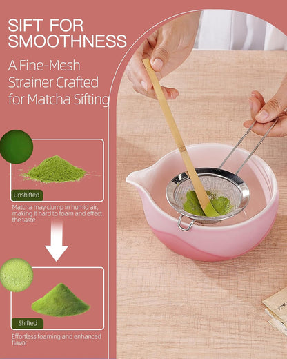 ZENS Matcha Whisk Set, Matcha Kit Set, Matcha Bowl with Spout, Bamboo Whisk & Scoop, Chasen Holder, 304 Sifter & Tea Mat, 6pcs Japaness Matcha Kit for Matcha Lovers, Birthday Gift, Pale Green
