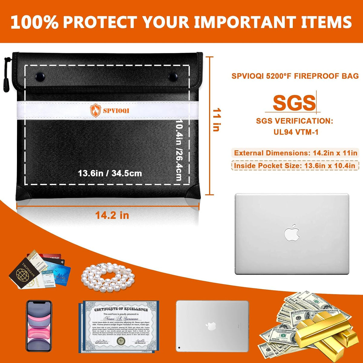 Upgraded 5200°F Fireproof Document Bag with Heat Insulated, Water Fire Proof Bags with Zipper,8 Layers of Functional Materials and Reflective Strip, Fireproof Money Bag for Cash/Documents/Valuables