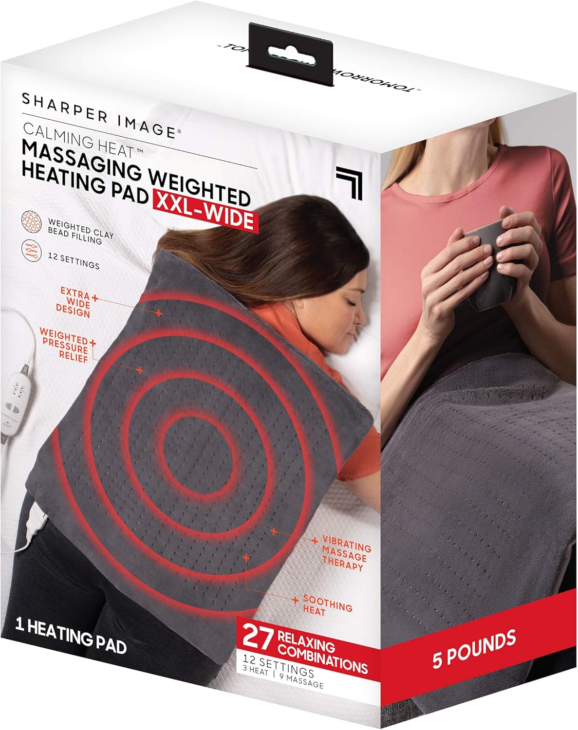 Calming Heat Massaging Vibrations Weighted Heating Pad by Sharper Image | Temperature Settings, Auto Shut-Off Feature, Gift for Holidays, Women & Men | 3 Heat, 6 Massage, 12” x 24”, 4 lbs